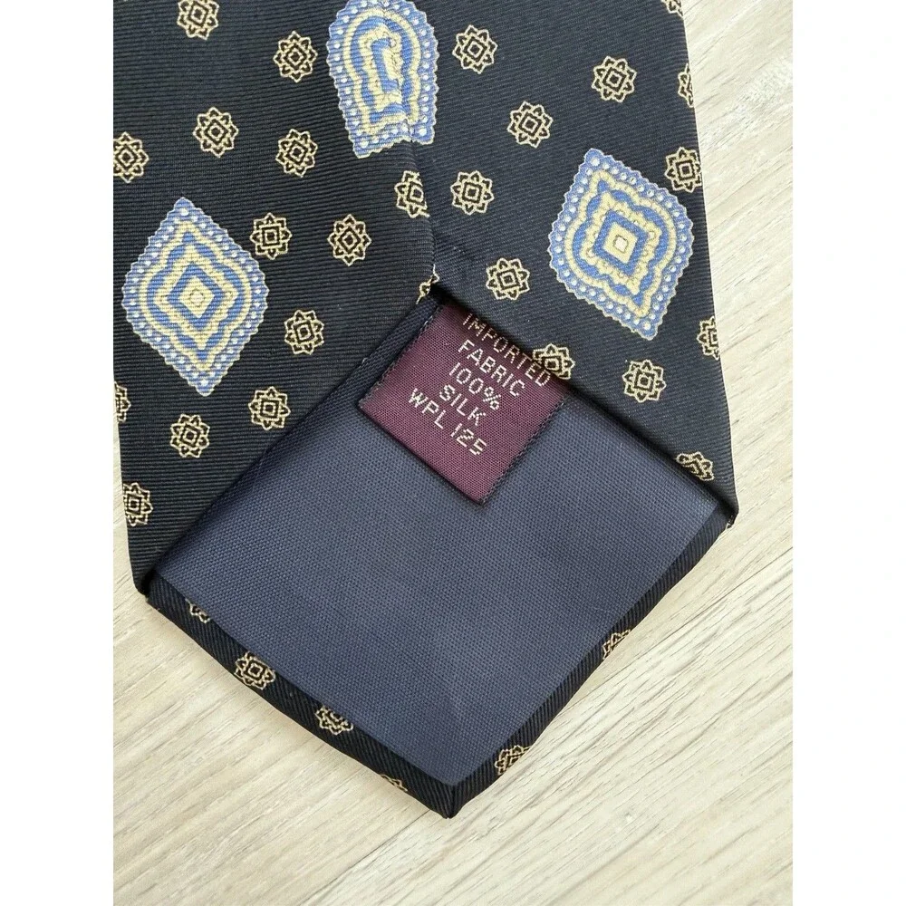 Vintage Chaps Ralph Lauren Men Silk Geometric Tie Black Blue Gold Pointed Woven